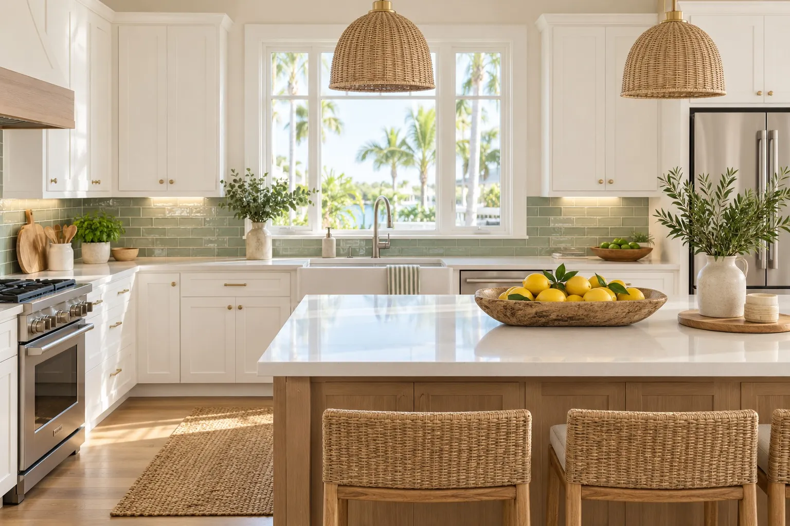 Clean white kitchen with sage tile backsplash, clear quartz island and a bowl of lemons