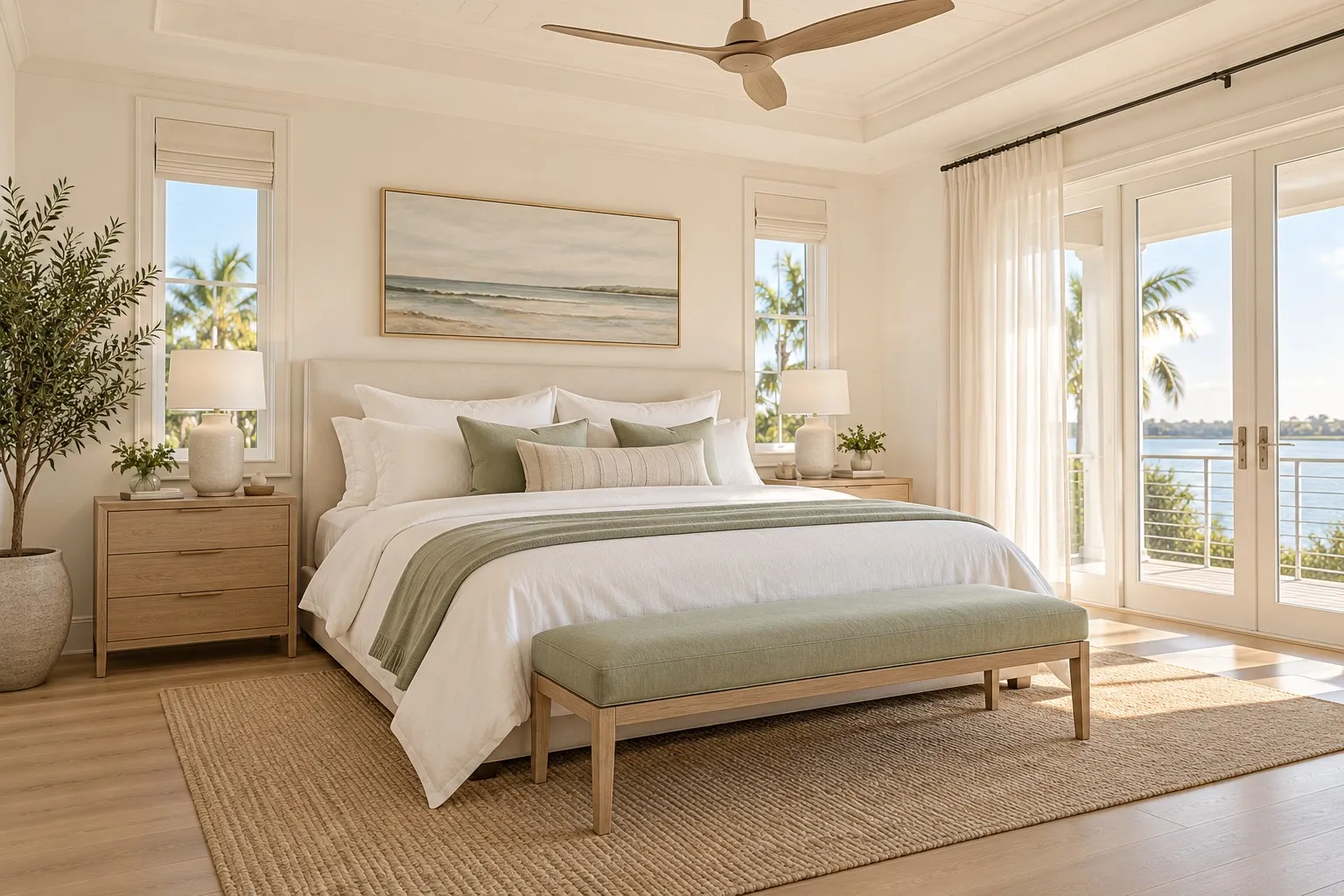 Bright primary bedroom with a freshly made white bed, sage bench and water views