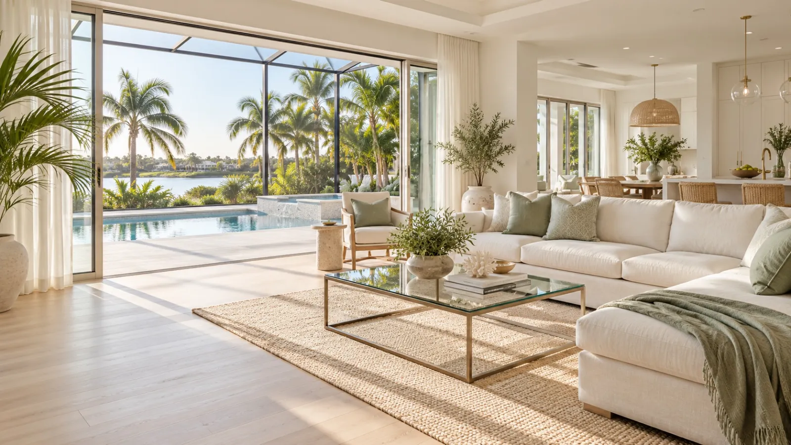 Bright Florida great room with white sectional, jute rug and sliding doors open to a pool and palm-lined water view