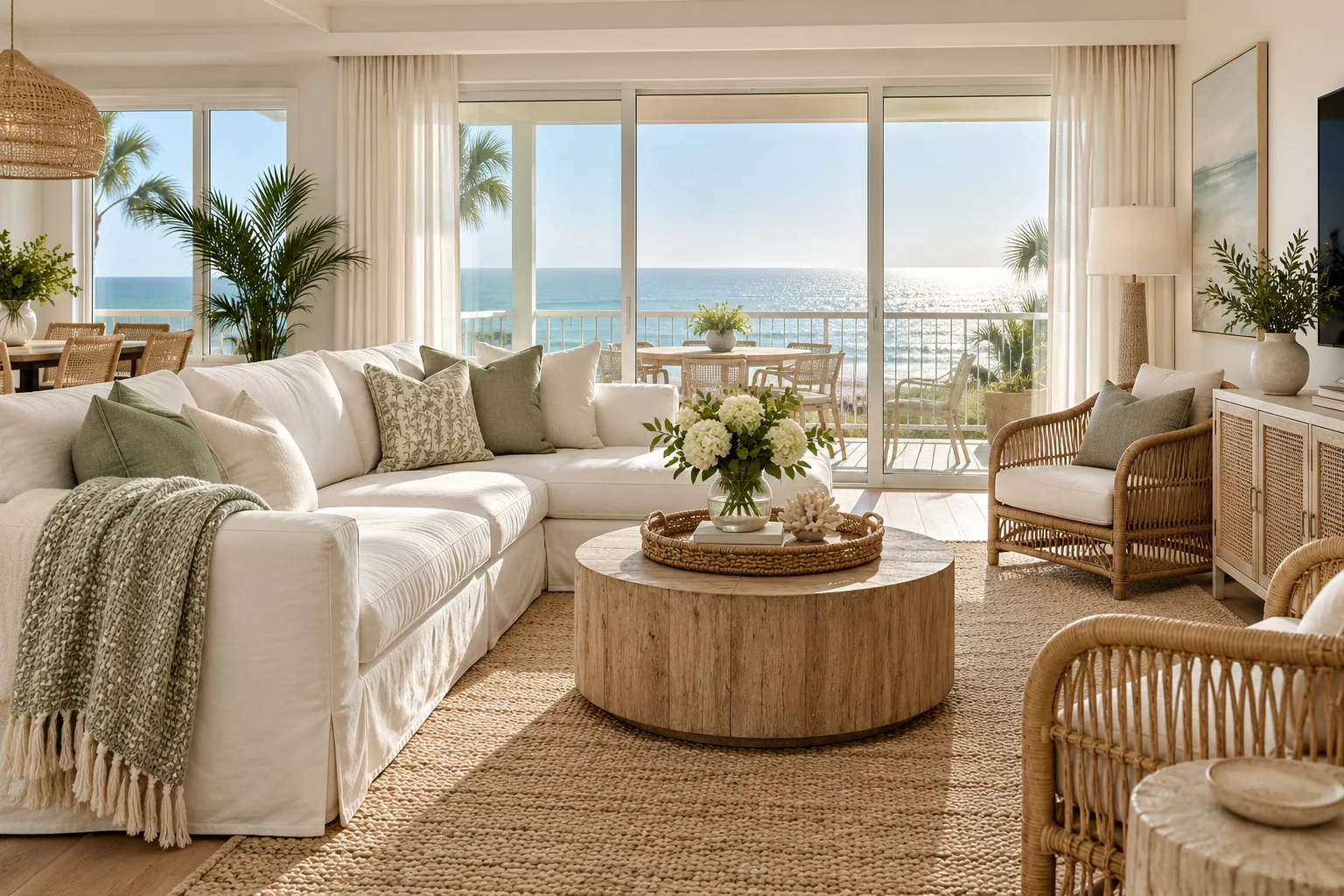 Guest-ready coastal living room with white sectional and a view of the Gulf